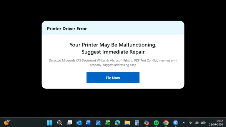 Screenshot of fake Printer Driver Error pop-up displaying Your Printer May Be Malfunctioning on a black Windows desktop with no close button.