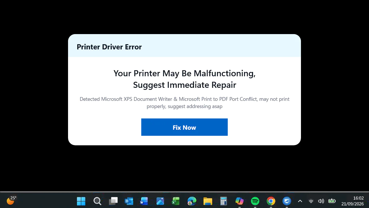 Screenshot of fake Printer Driver Error pop-up displaying Your Printer May Be Malfunctioning on a black Windows desktop with no close button.